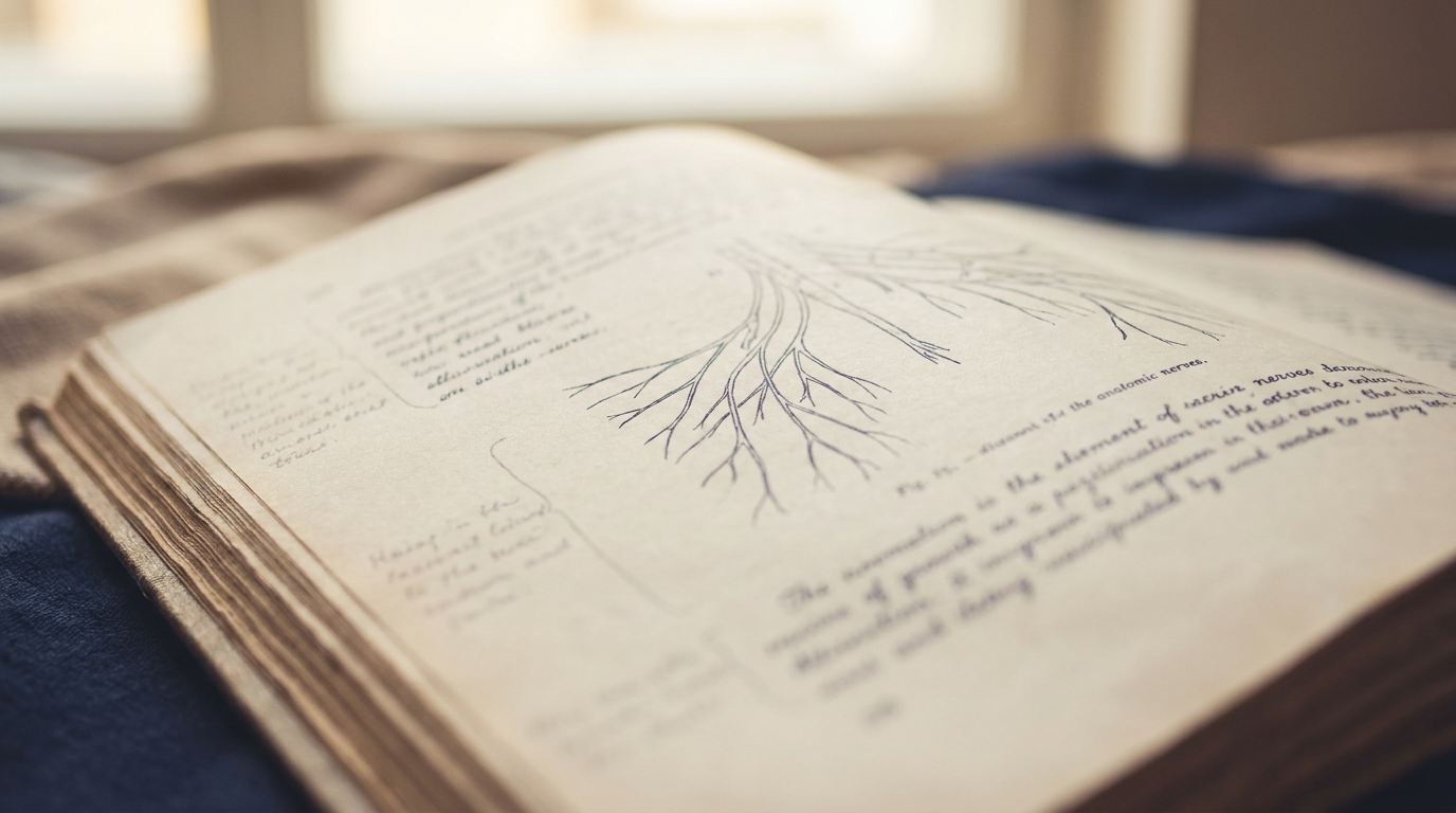 Open scientific journal with handwritten notes and a botanical diagram