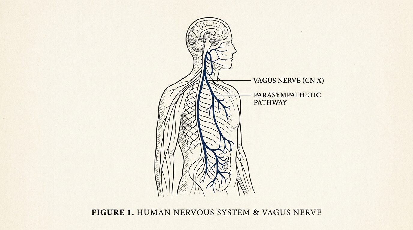 Editorial illustration of the human nervous system highlighting the vagus nerve and parasympathetic pathway