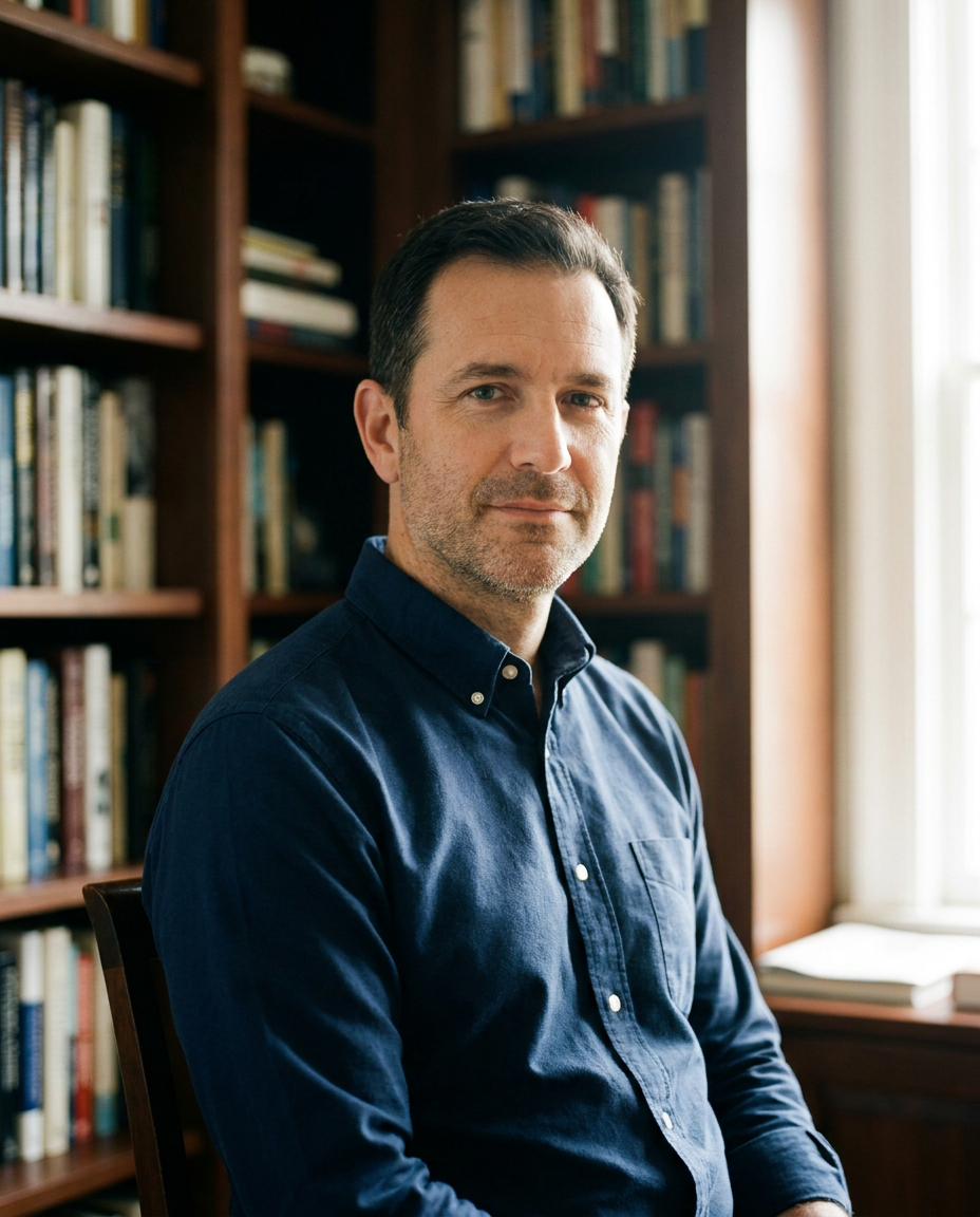 Portrait of Dr. Daniel Hayes, PhD Behavioral Neuroscience, photographed in a library setting