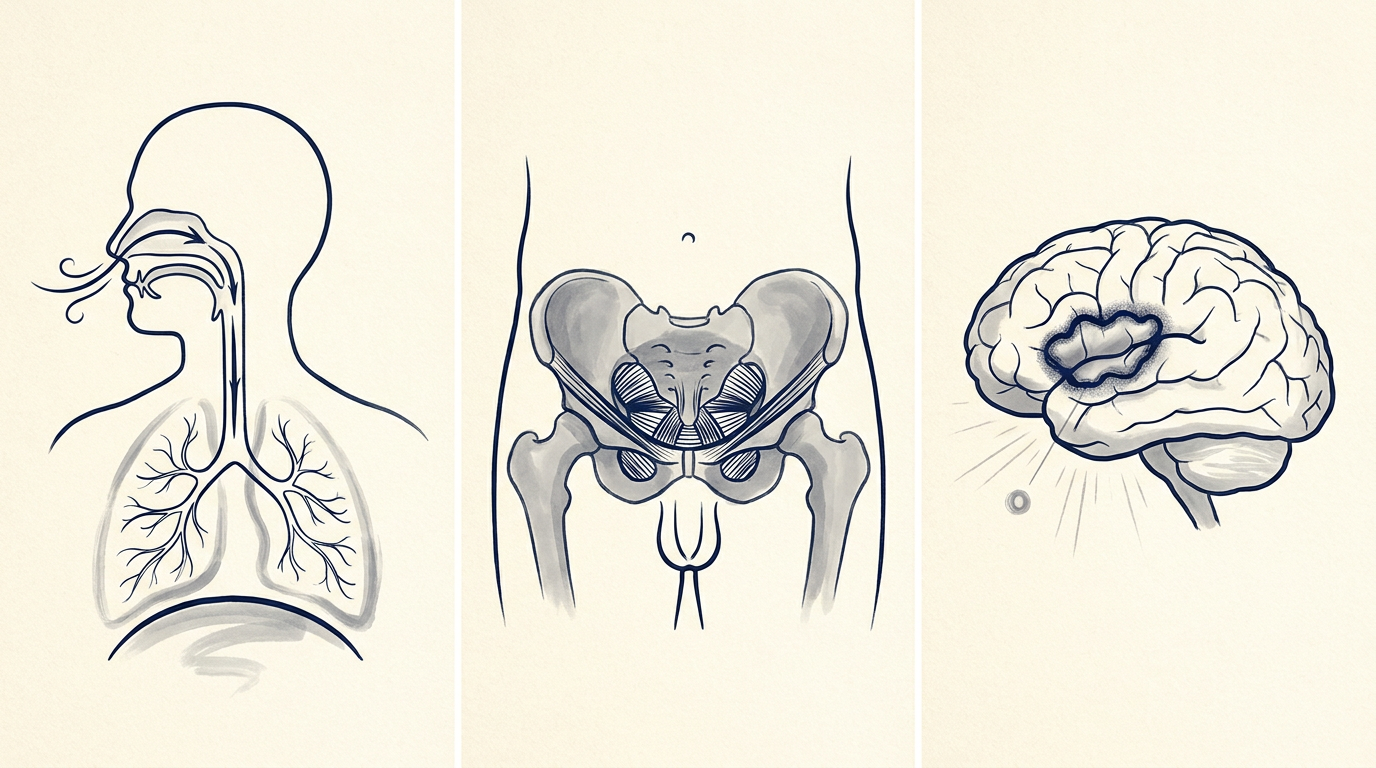 Triptych illustration showing the three physiological systems: respiratory diaphragm, pelvic floor, and brain insula